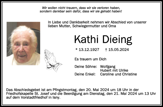 Anzeige von Kathi Dieing von Schwäbische Zeitung
