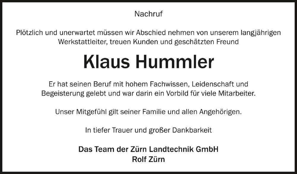  Traueranzeige für Klaus Hummler vom 07.05.2024 aus Schwäbische Zeitung