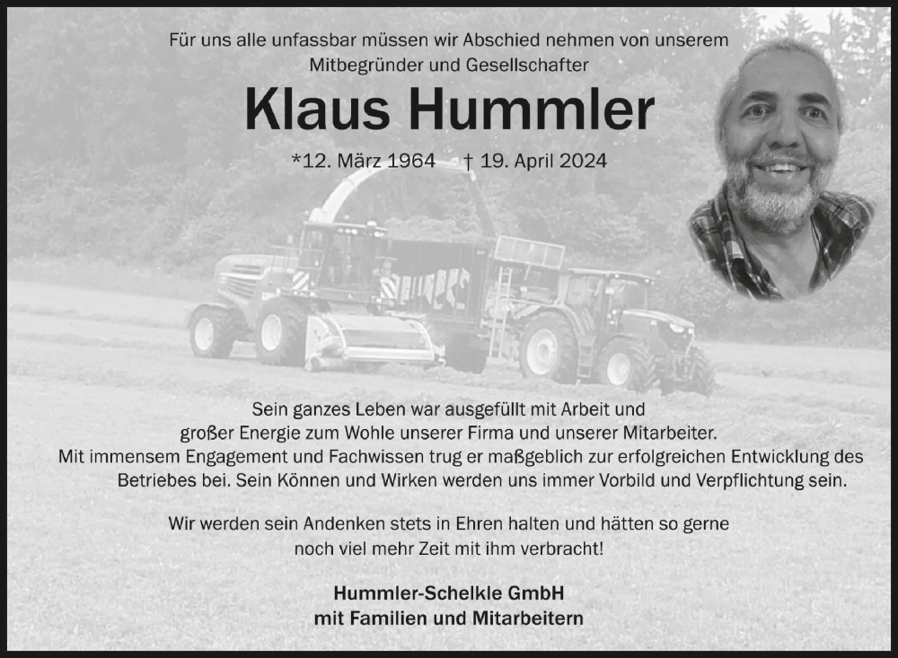  Traueranzeige für Klaus Hummler vom 04.05.2024 aus Schwäbische Zeitung