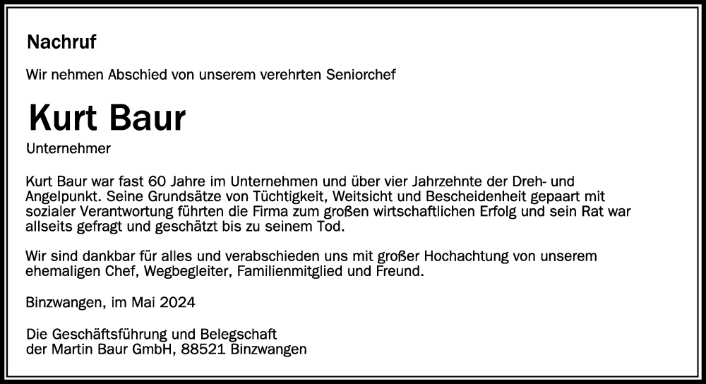  Traueranzeige für Kurt Baur vom 25.05.2024 aus Schwäbische Zeitung