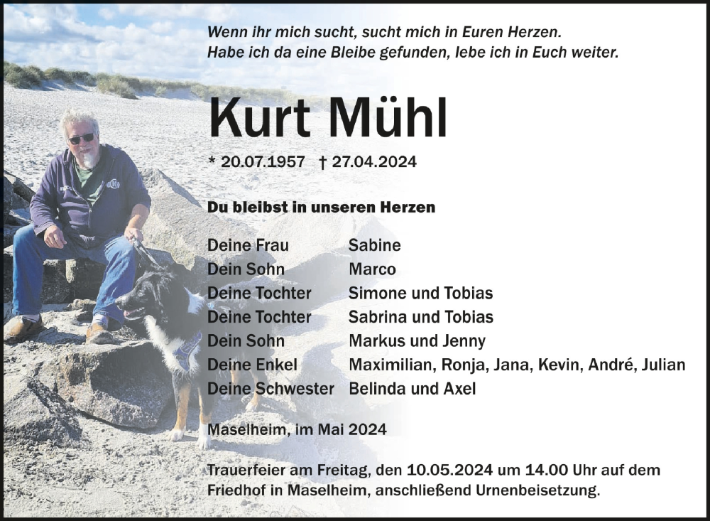  Traueranzeige für Kurt Mühl vom 06.05.2024 aus Schwäbische Zeitung