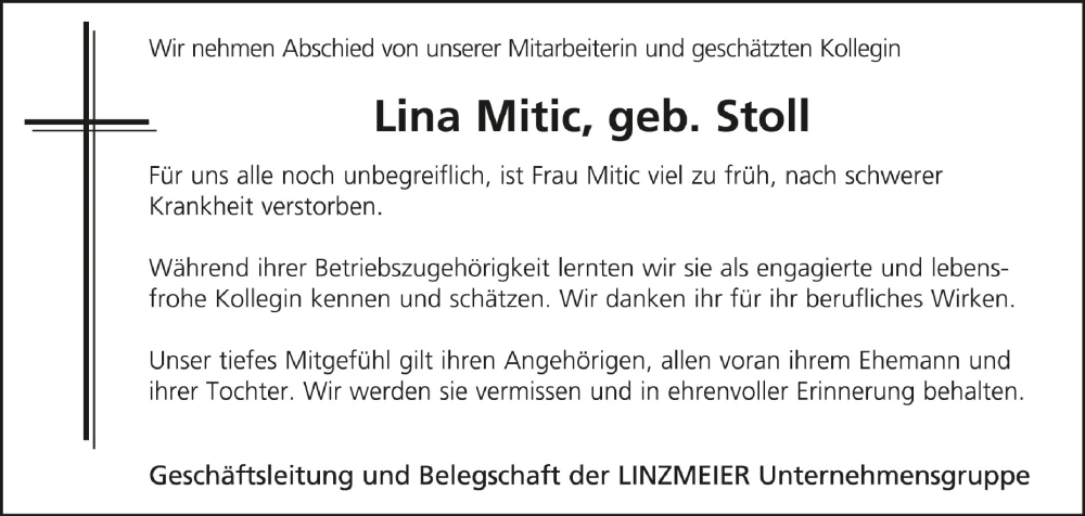  Traueranzeige für Lina Mitic vom 25.05.2024 aus Schwäbische Zeitung