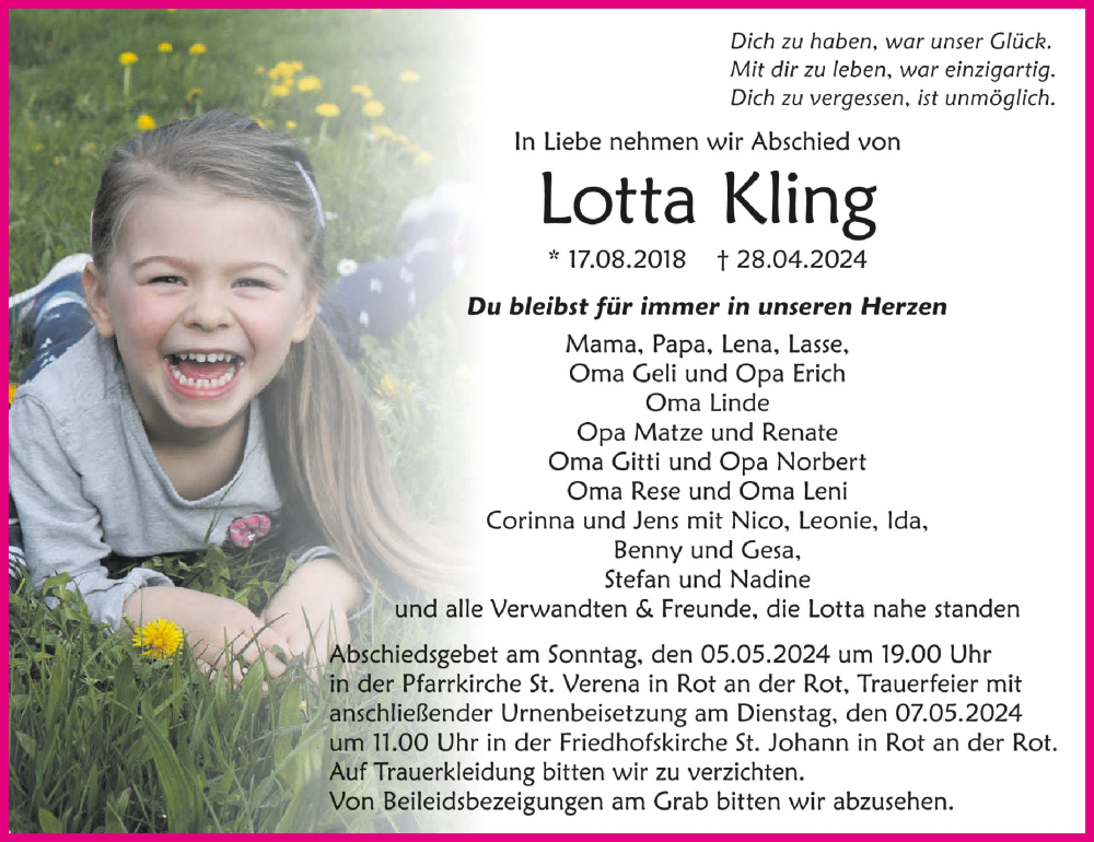  Traueranzeige für Lotta Kling vom 04.05.2024 aus Schwäbische Zeitung