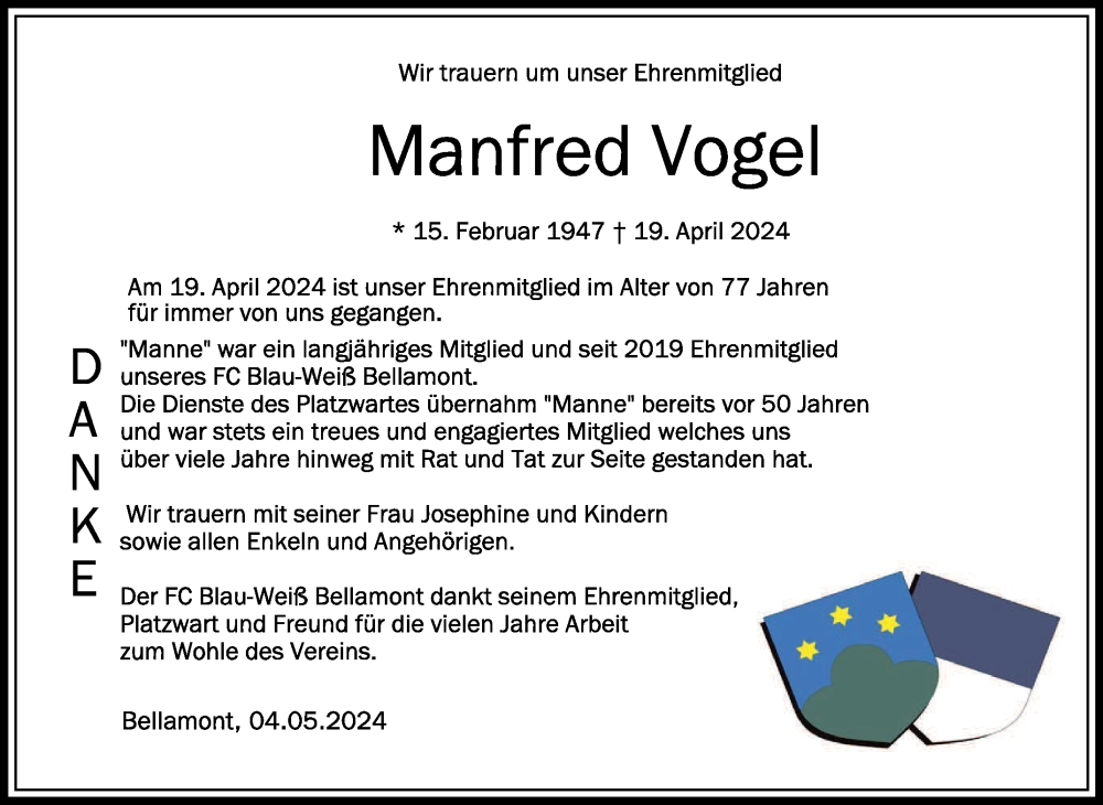  Traueranzeige für Manfred Vogel vom 04.05.2024 aus Schwäbische Zeitung