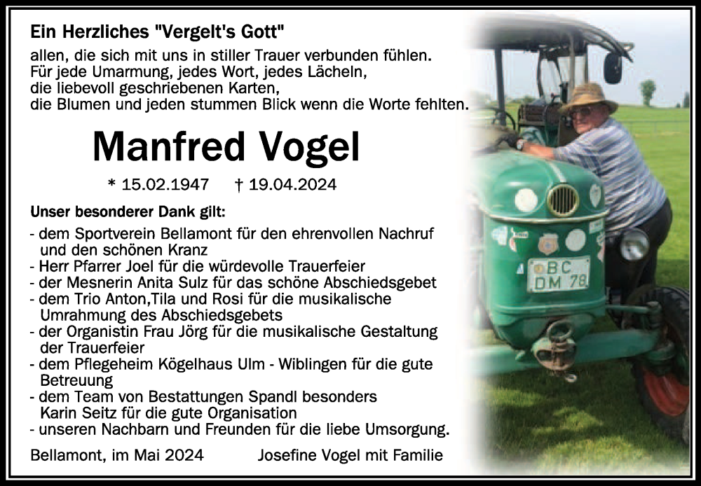  Traueranzeige für Manfred Vogel vom 18.05.2024 aus Schwäbische Zeitung