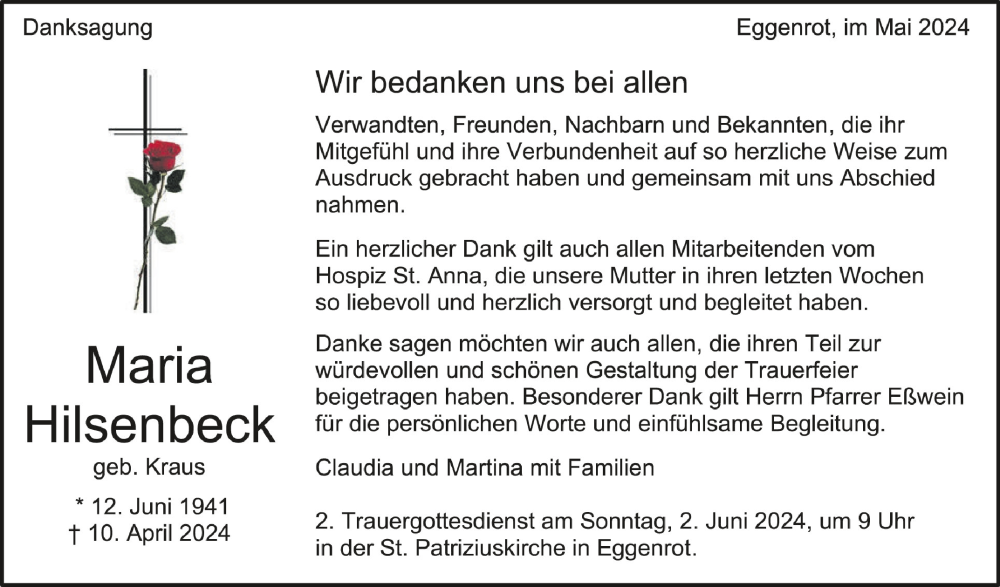 Traueranzeige für Maria Hilsenbeck vom 18.05.2024 aus Schwäbische Zeitung