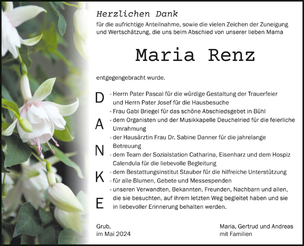  Traueranzeige für Maria Renz vom 04.05.2024 aus Schwäbische Zeitung