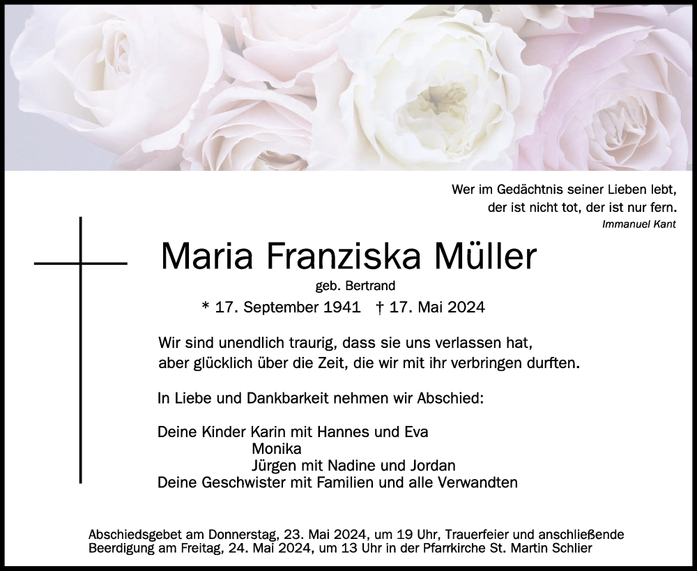  Traueranzeige für Maria Franziska Müller vom 23.05.2024 aus Schwäbische Zeitung