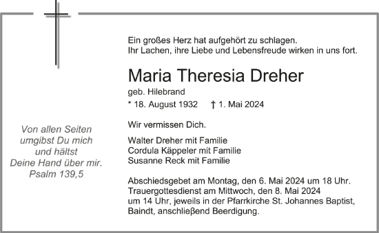 Anzeige von Maria Theresia Dreher von Schwäbische Zeitung
