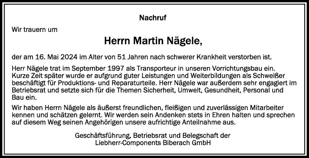  Traueranzeige für Martin Nägele vom 24.05.2024 aus Schwäbische Zeitung