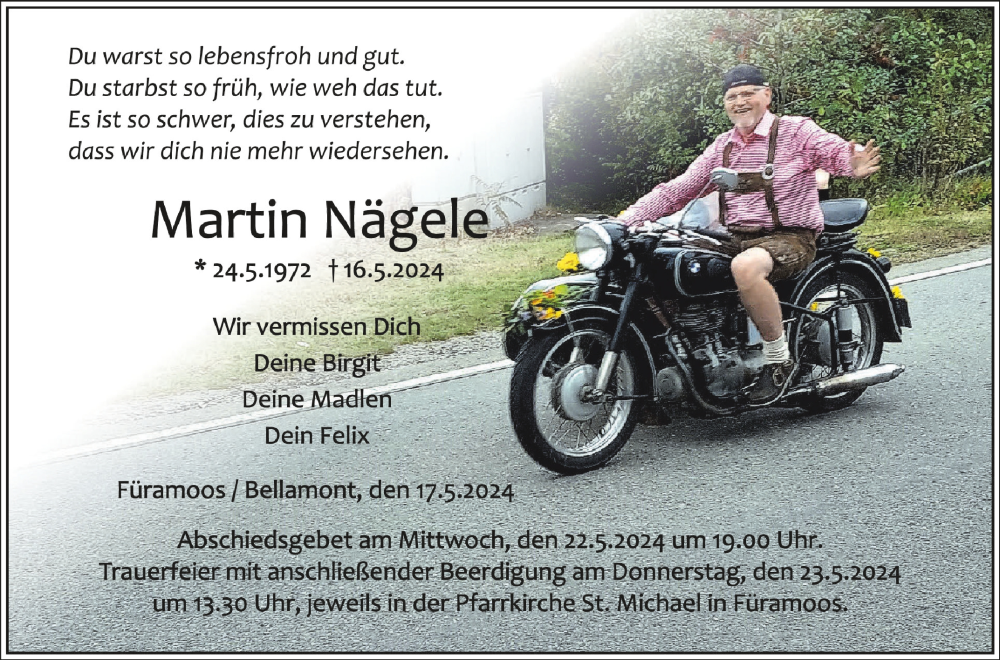 Traueranzeige für Martin Nägele vom 21.05.2024 aus Schwäbische Zeitung