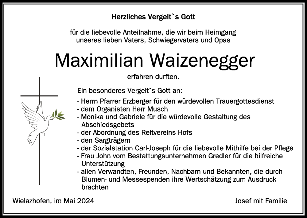  Traueranzeige für Maximilian Waizenegger vom 02.05.2024 aus Schwäbische Zeitung