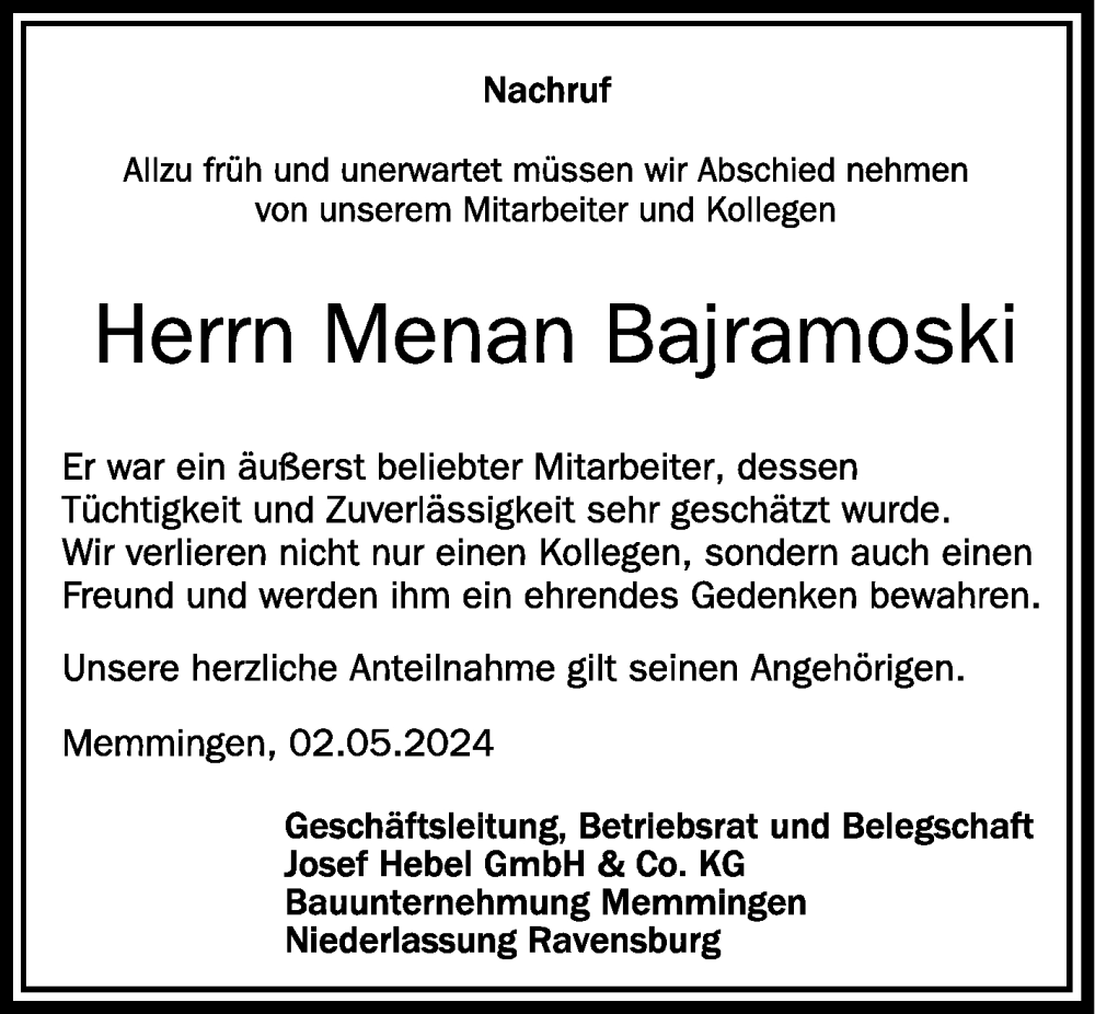  Traueranzeige für Menan Bajramoski vom 02.05.2024 aus Schwäbische Zeitung