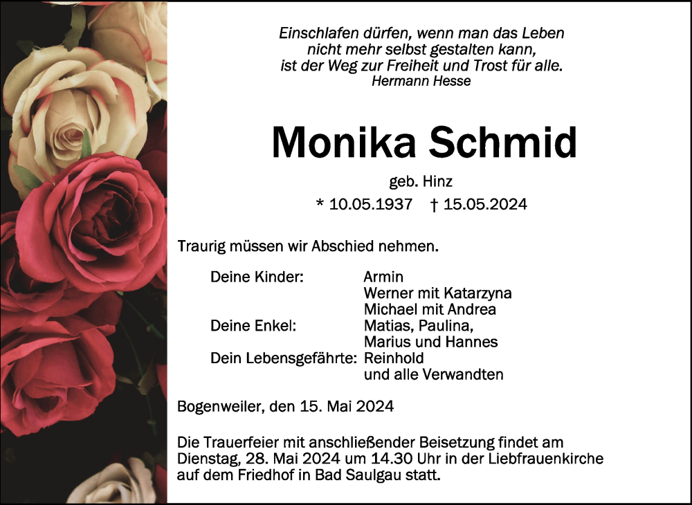 Traueranzeige für Monika Schmid vom 25.05.2024 aus Schwäbische Zeitung