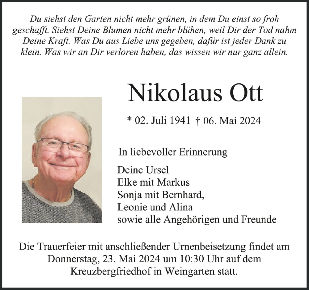  Traueranzeige für Nikolaus Ott vom 18.05.2024 aus Schwäbische Zeitung