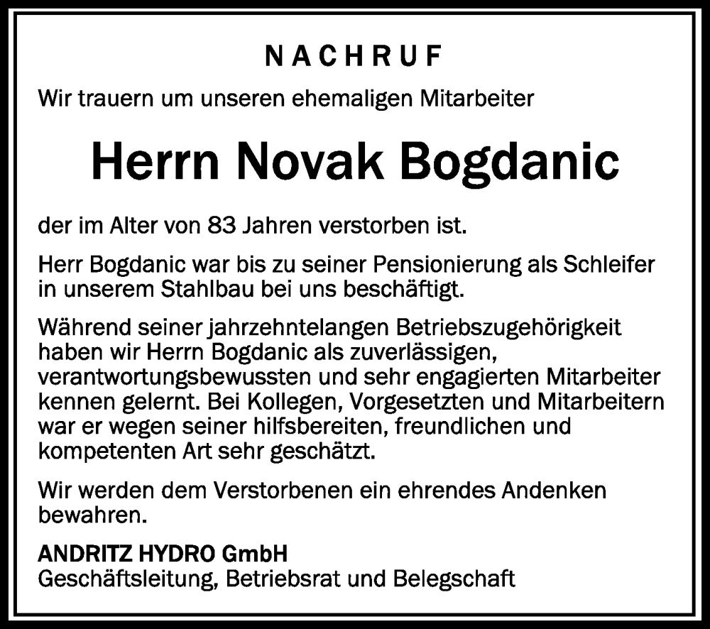  Traueranzeige für Novak Bogdanic vom 16.05.2024 aus Schwäbische Zeitung