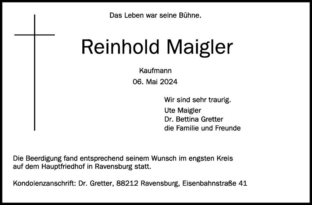  Traueranzeige für Reinhold Maigler vom 18.05.2024 aus Schwäbische Zeitung