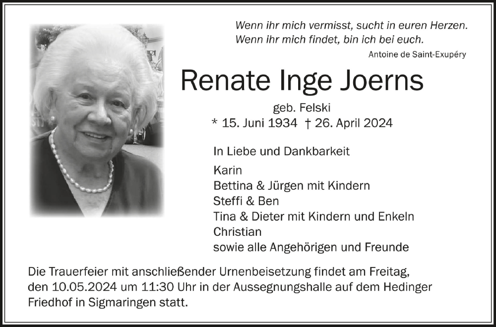  Traueranzeige für Renate Inge Joerns vom 04.05.2024 aus Schwäbische Zeitung