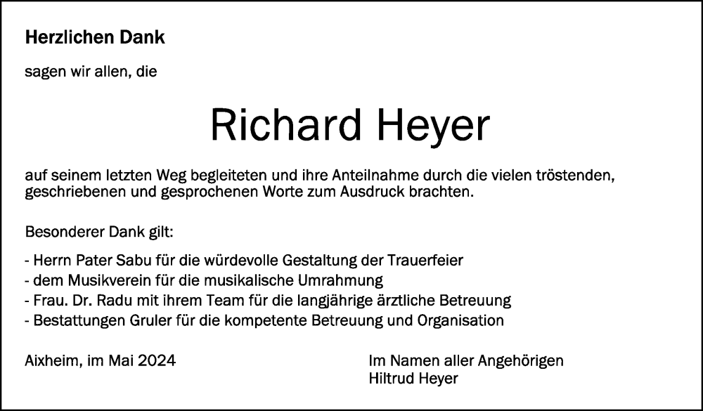  Traueranzeige für Richard Heyer vom 04.05.2024 aus Schwäbische Zeitung