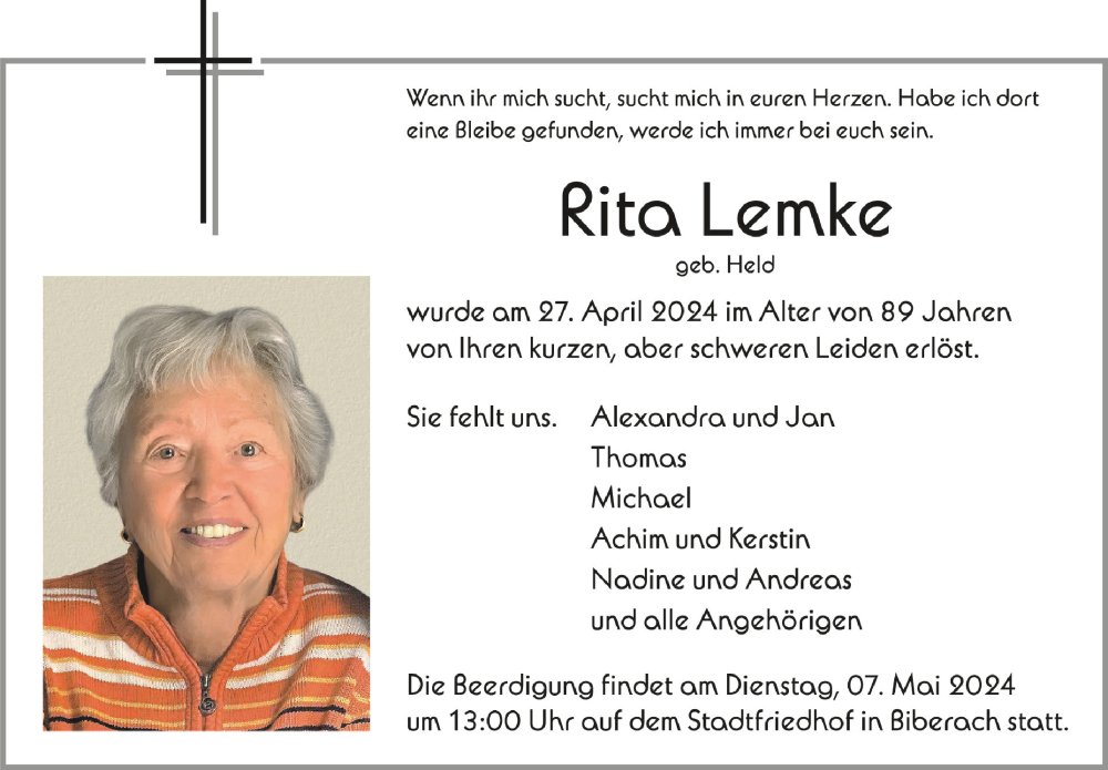  Traueranzeige für Rita Lemke vom 04.05.2024 aus Schwäbische Zeitung
