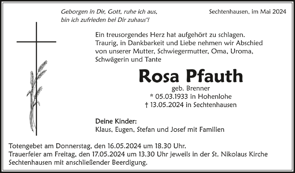  Traueranzeige für Rosa Pfauth vom 15.05.2024 aus Schwäbische Zeitung