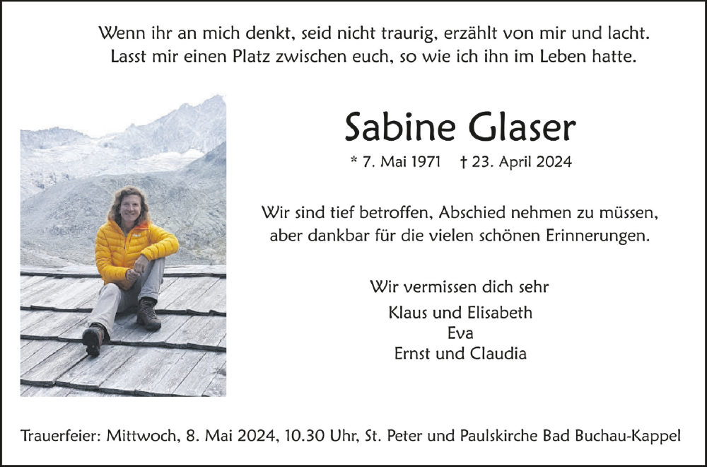  Traueranzeige für Sabine Glaser vom 04.05.2024 aus Schwäbische Zeitung
