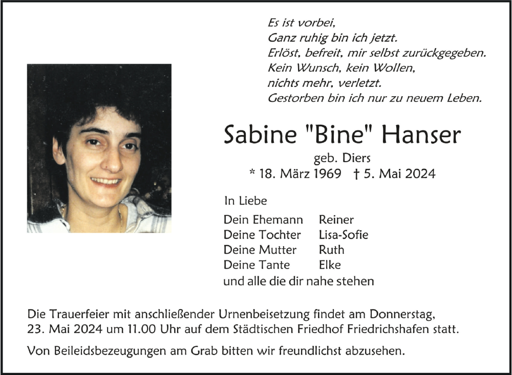  Traueranzeige für Sabine Hanser vom 11.05.2024 aus Schwäbische Zeitung