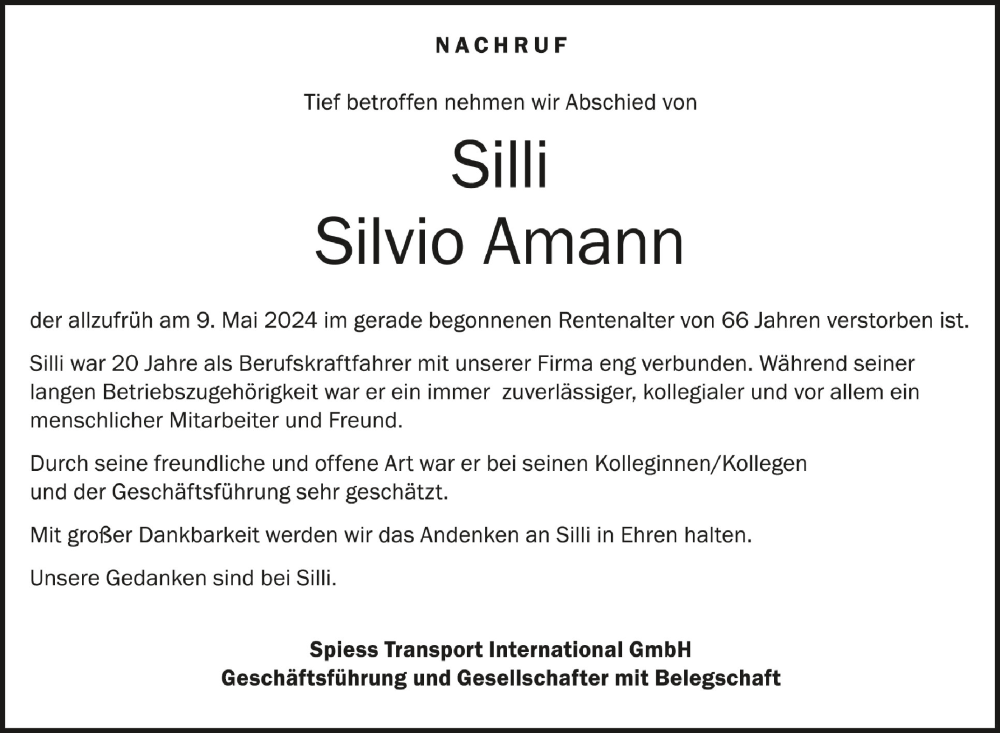  Traueranzeige für Silvio Amann vom 25.05.2024 aus Schwäbische Zeitung