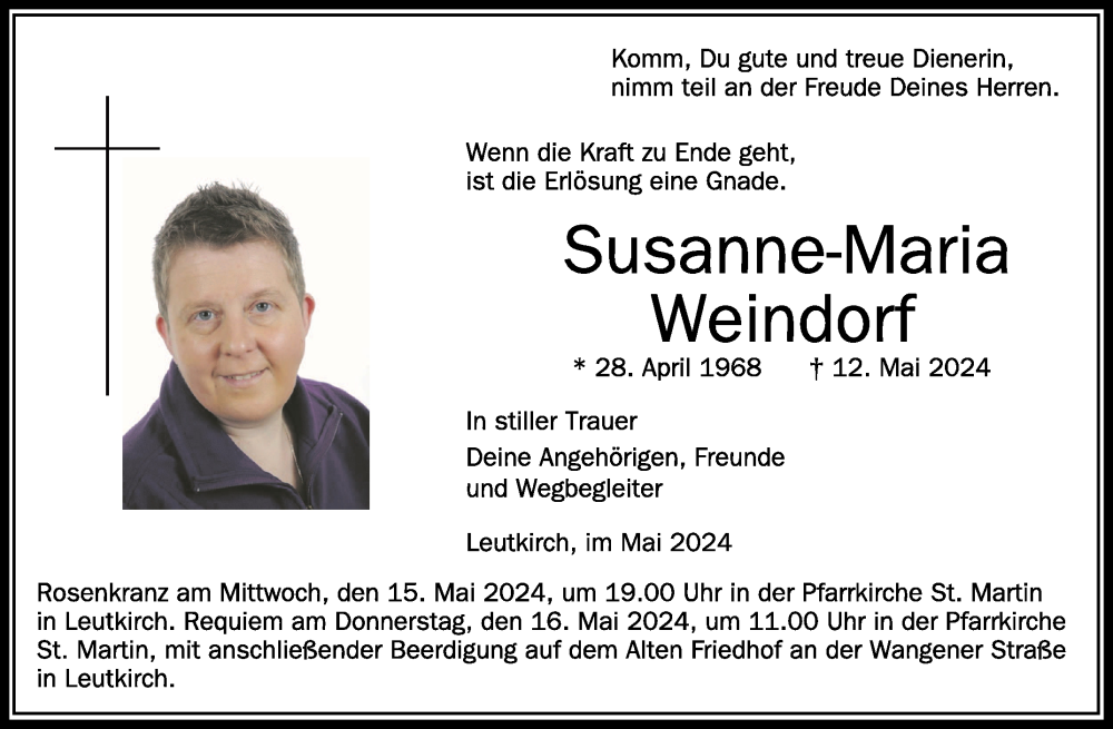  Traueranzeige für Susanne-Maria Weindorf vom 14.05.2024 aus Schwäbische Zeitung