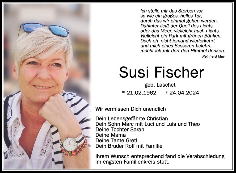  Traueranzeige für Susi Fischer vom 11.05.2024 aus Schwäbische Zeitung