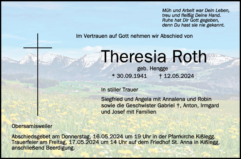  Traueranzeige für Theresia Roth vom 15.05.2024 aus Schwäbische Zeitung