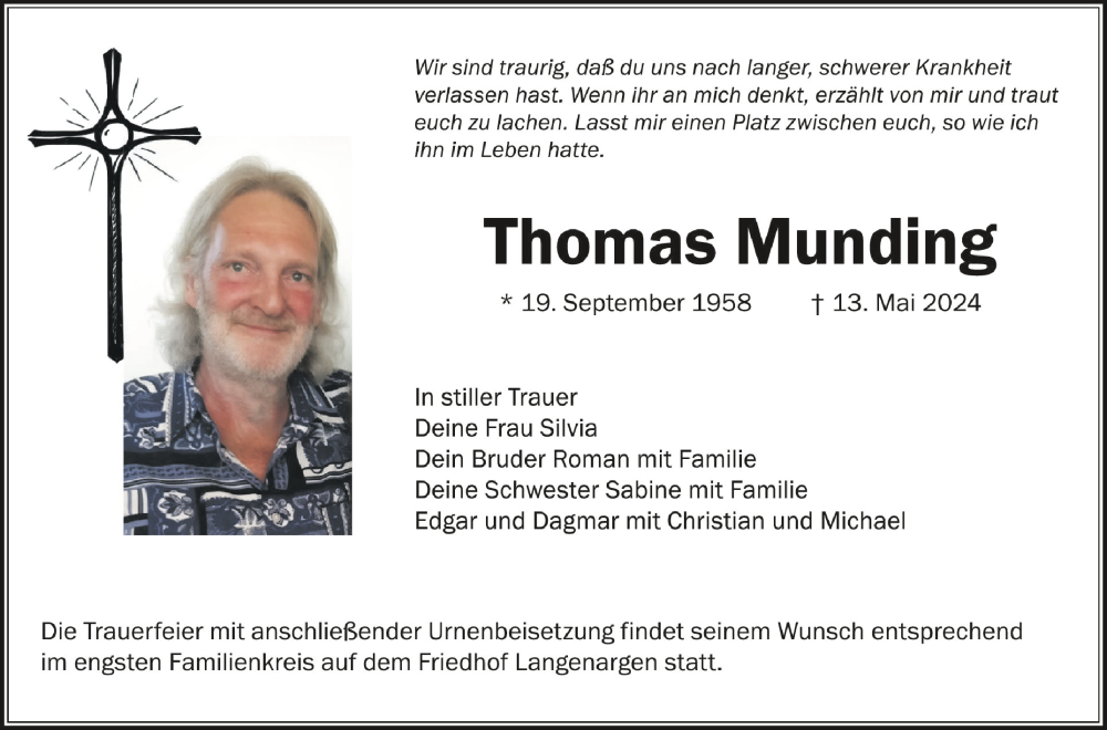  Traueranzeige für Thomas Munding vom 22.05.2024 aus Schwäbische Zeitung