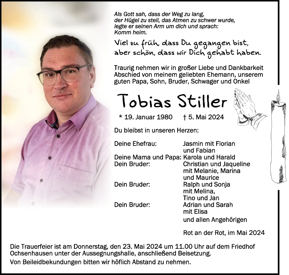  Traueranzeige für Tobias Stiller vom 18.05.2024 aus Schwäbische Zeitung