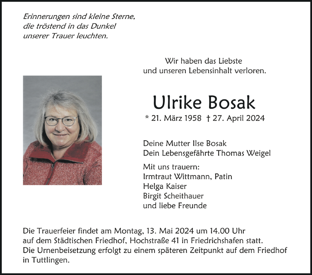  Traueranzeige für Ulrike Bosak vom 04.05.2024 aus Schwäbische Zeitung