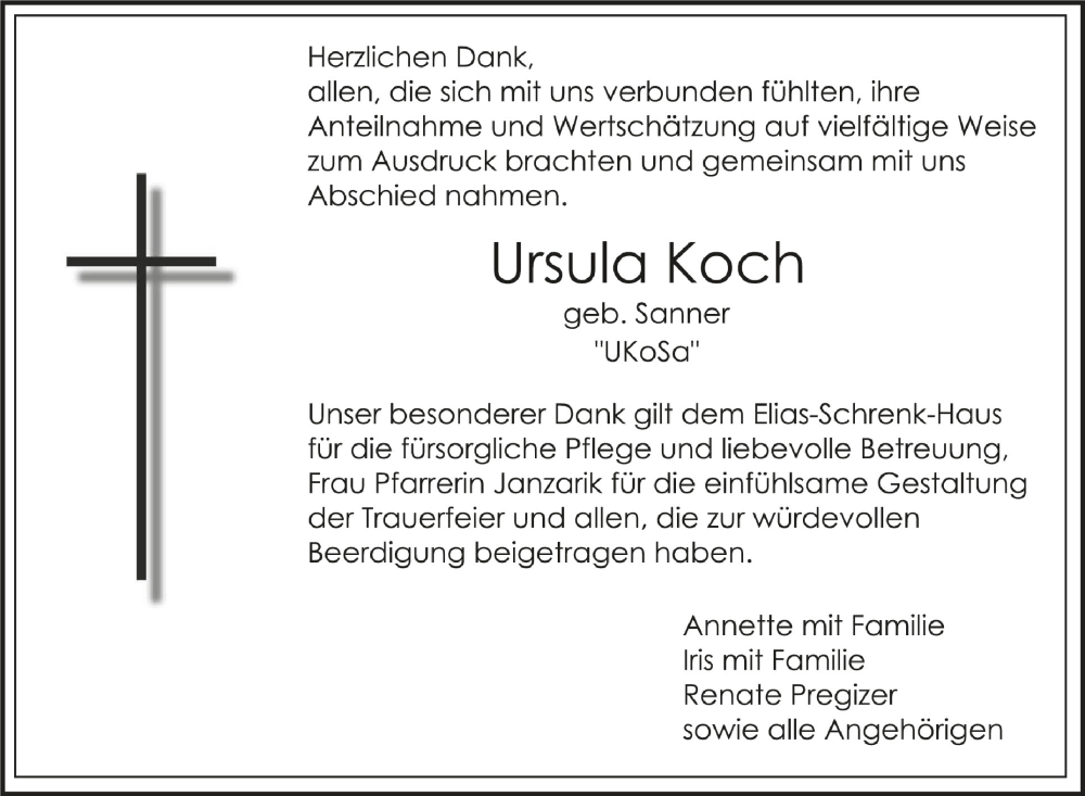  Traueranzeige für Ursula Koch vom 18.05.2024 aus Schwäbische Zeitung