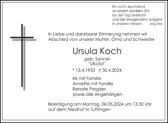 Anzeige von Ursula Koch von Schwäbische Zeitung