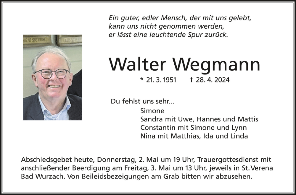  Traueranzeige für Walter Wegmann vom 02.05.2024 aus Schwäbische Zeitung