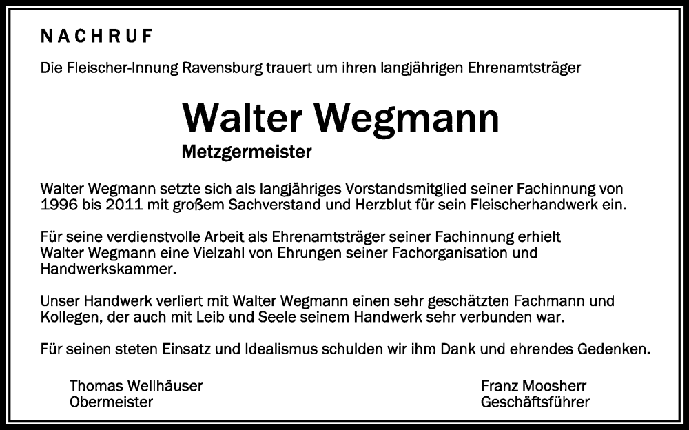  Traueranzeige für Walter Wegmann vom 11.05.2024 aus Schwäbische Zeitung