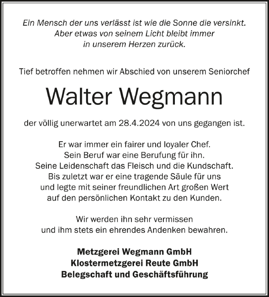  Traueranzeige für Walter Wegmann vom 04.05.2024 aus Schwäbische Zeitung