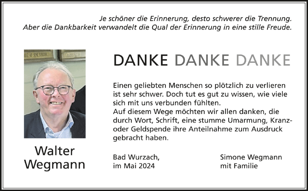  Traueranzeige für Walter Wegmann vom 18.05.2024 aus Schwäbische Zeitung
