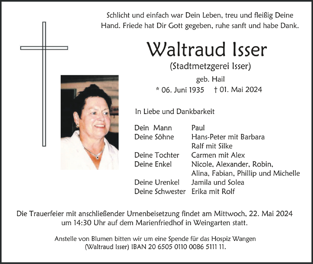  Traueranzeige für Waltraud lsser vom 18.05.2024 aus Schwäbische Zeitung