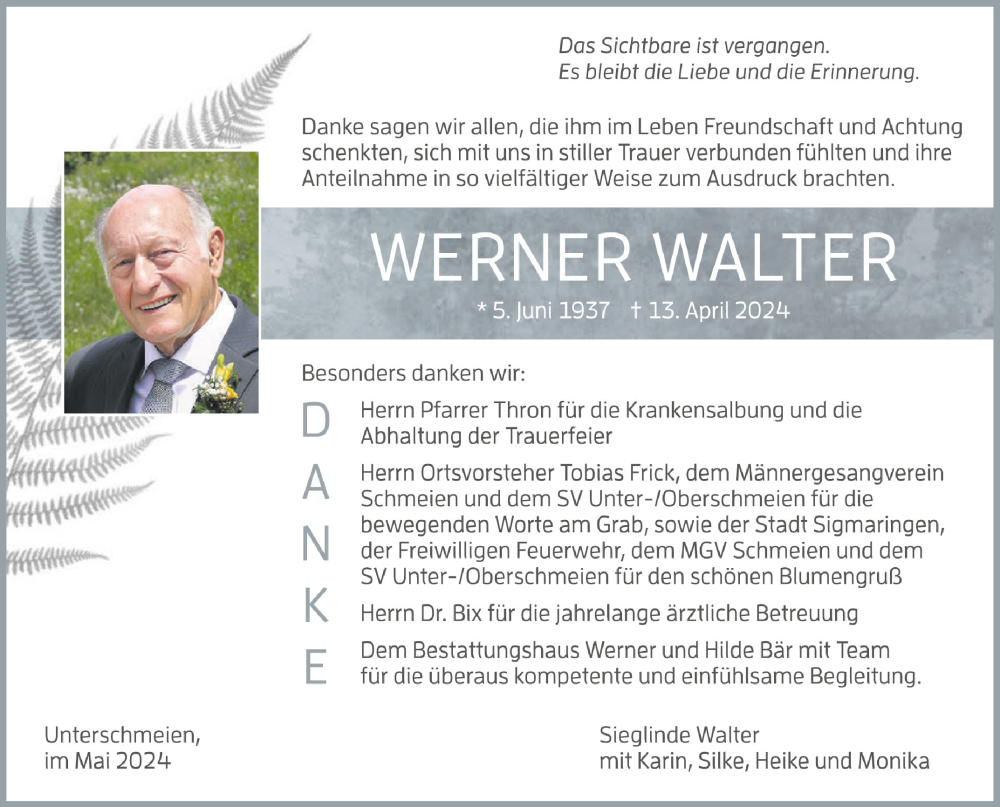  Traueranzeige für Werner Walter vom 11.05.2024 aus Schwäbische Zeitung