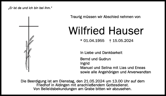 Anzeige von Wilfried Hauser von Schwäbische Zeitung