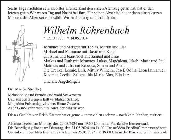 Anzeige von Wilhelm Röhrenbach von Schwäbische Zeitung