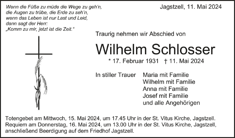  Traueranzeige für Wilhelm Schlosser vom 14.05.2024 aus Schwäbische Zeitung