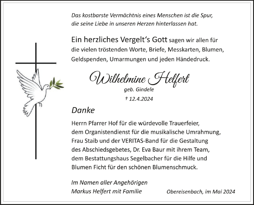  Traueranzeige für Wilhelmine Helfert vom 04.05.2024 aus Schwäbische Zeitung