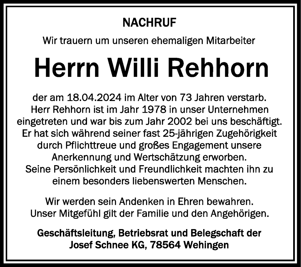  Traueranzeige für Willi Rehhorn vom 04.05.2024 aus Schwäbische Zeitung
