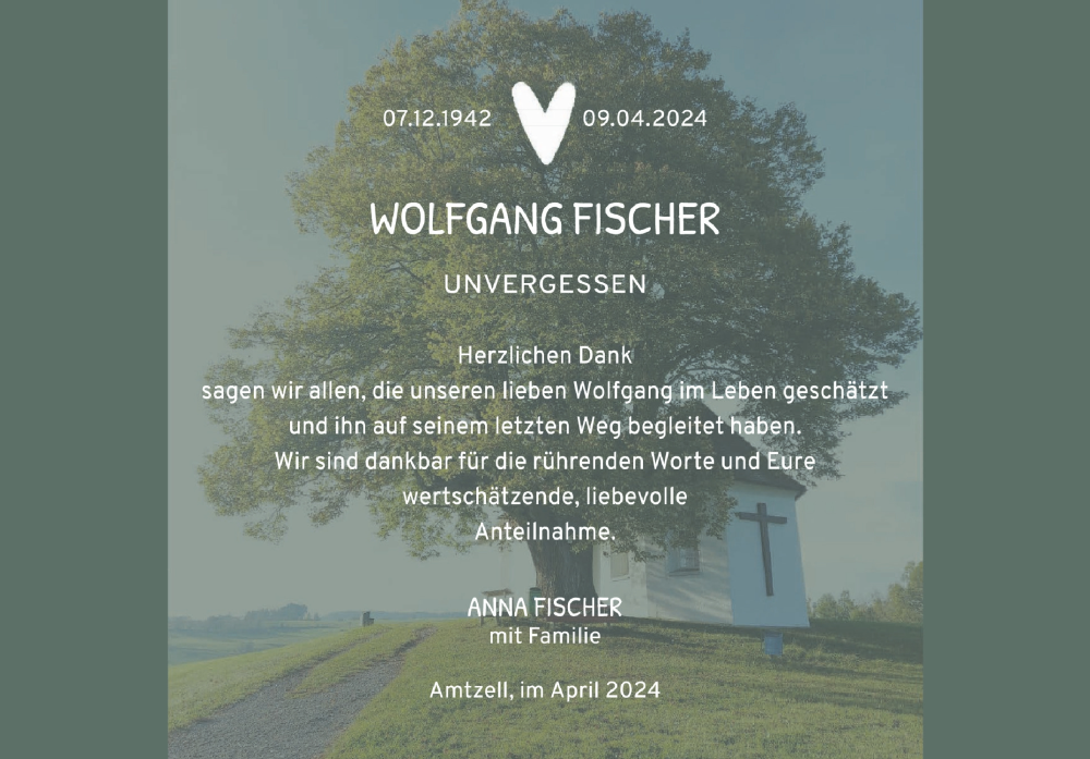  Traueranzeige für Wolfgang Fischer vom 08.05.2024 aus Schwäbische Zeitung