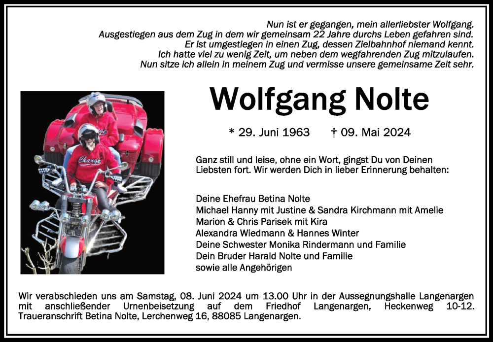  Traueranzeige für Wolfgang Nolte vom 24.05.2024 aus Schwäbische Zeitung