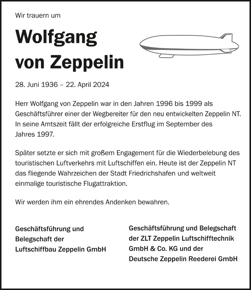  Traueranzeige für Wolfgang von Zeppelin vom 04.05.2024 aus Schwäbische Zeitung